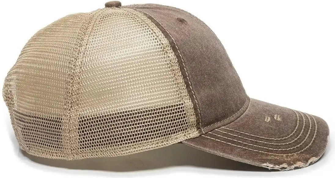 Oc Sports Oc801 Washed Adjustable Tea-stained Mesh Back Panels Cap - Brown Tea Stain - Ivory / 6 7/8’’ - 7 1/2’’