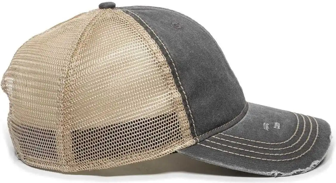 Oc Sports Oc801 Washed Adjustable Tea-stained Mesh Back Panels Cap - Black Tea Stain - Ivory / 6 7/8’’ - 7 1/2’’