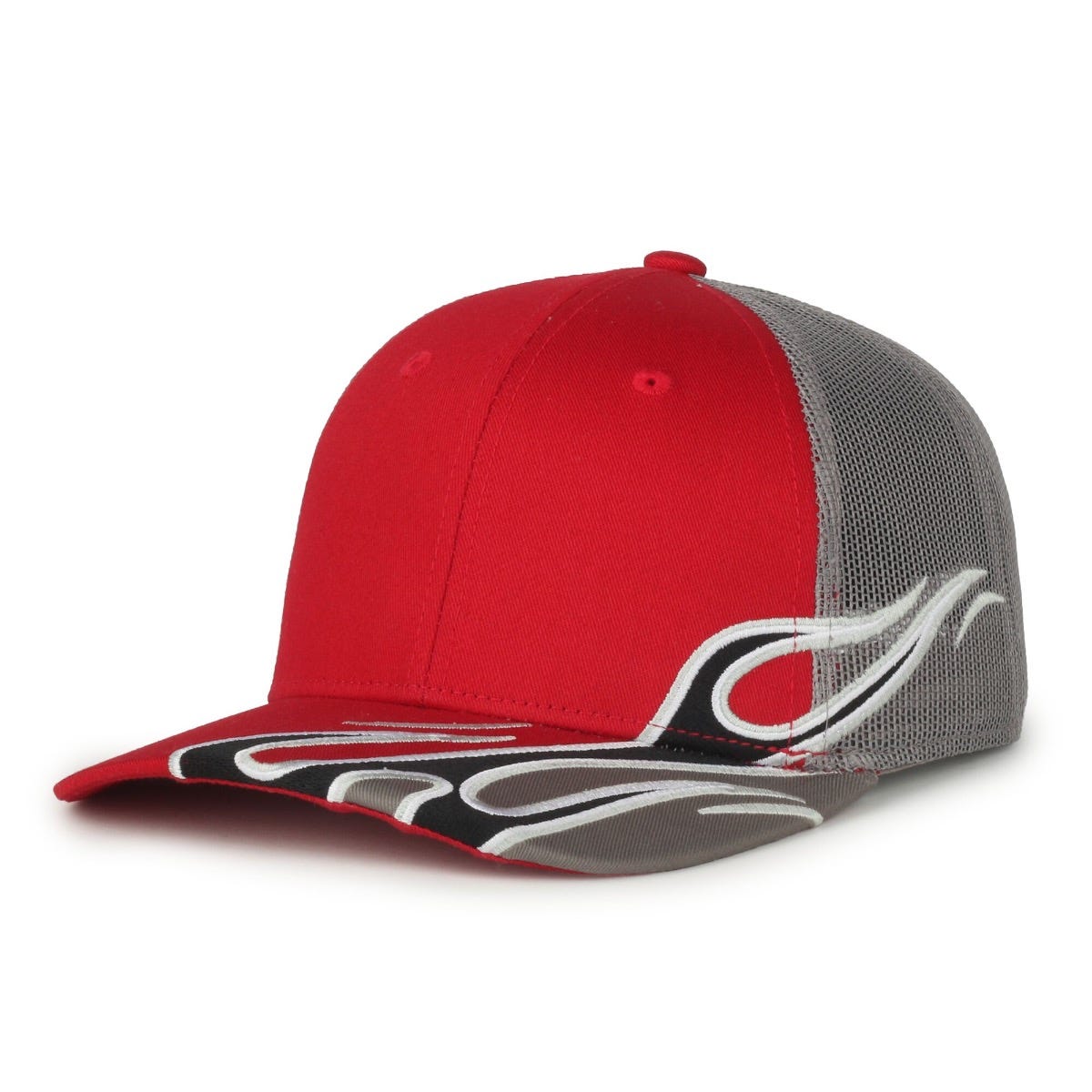 Oc Sports Skrrt-01 Flame Embroidery Mesh Back Cap - Red/dark Grey