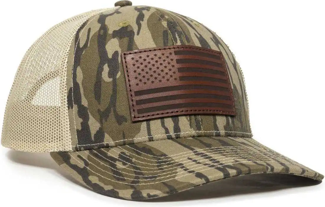 Oc Sports Usa771camo American Flag Leather Patch Cap -mossy Oak Original Bottomland Tan - Mossy / 6 7/8’’ - 7 1/2’’