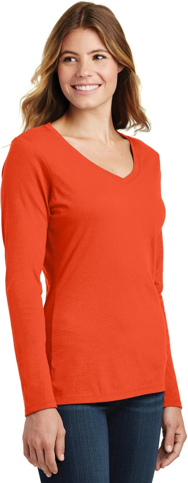 Orange Port & Co Women's Long Sleeve Fan Favorite V-Neck Tee. LPC450VLS