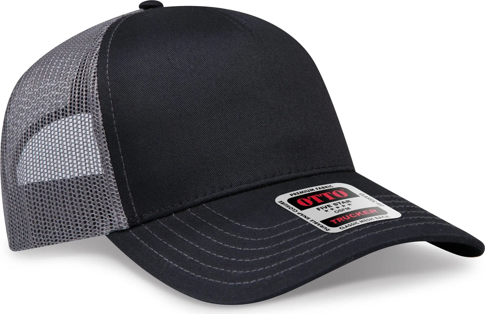 Otto 102-664 5 Panel Low Profile Mesh Back Trucker Cap - Blk/blk/ch.gry - 6 1/2’’ - 7 5/8’’