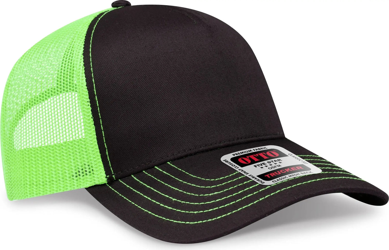 Otto 102-664 5 Panel Low Profile Mesh Back Trucker Cap - Blk/blk/n.grn - 6 1/2’’ - 7 5/8’’