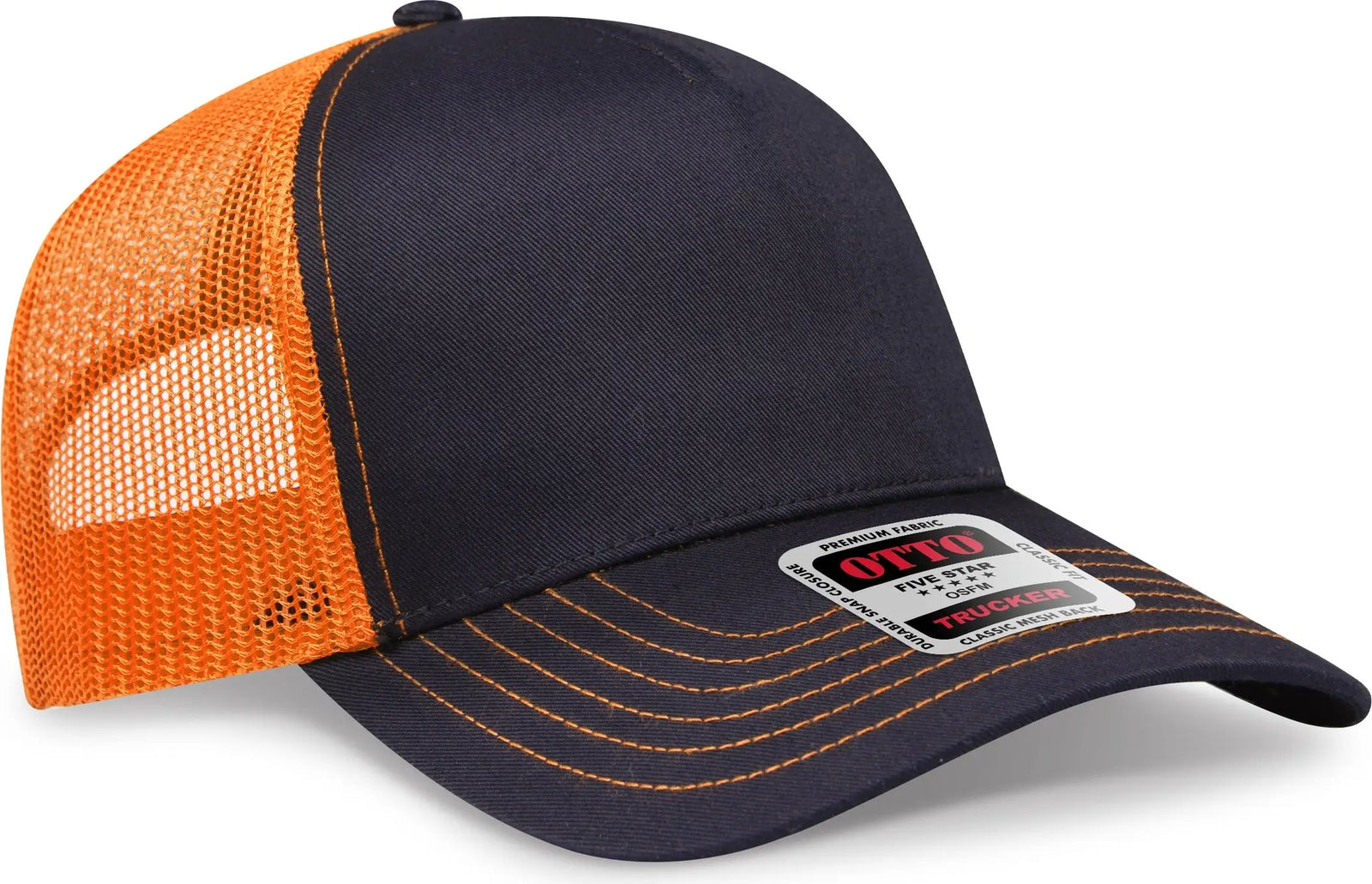 Otto 102-664 5 Panel Low Profile Mesh Back Trucker Cap - Blk/blk/n Org - 6 1/2’’ - 7 5/8’’