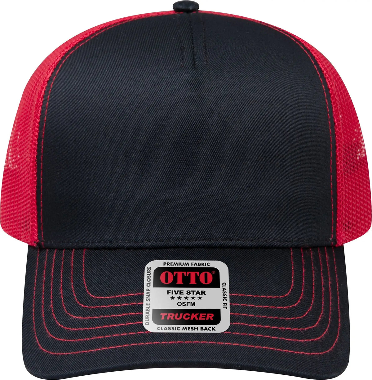 Otto 102-664 5 Panel Low Profile Mesh Back Trucker Cap - Blk/blk/red - 6 1/2’’ - 7 5/8’’