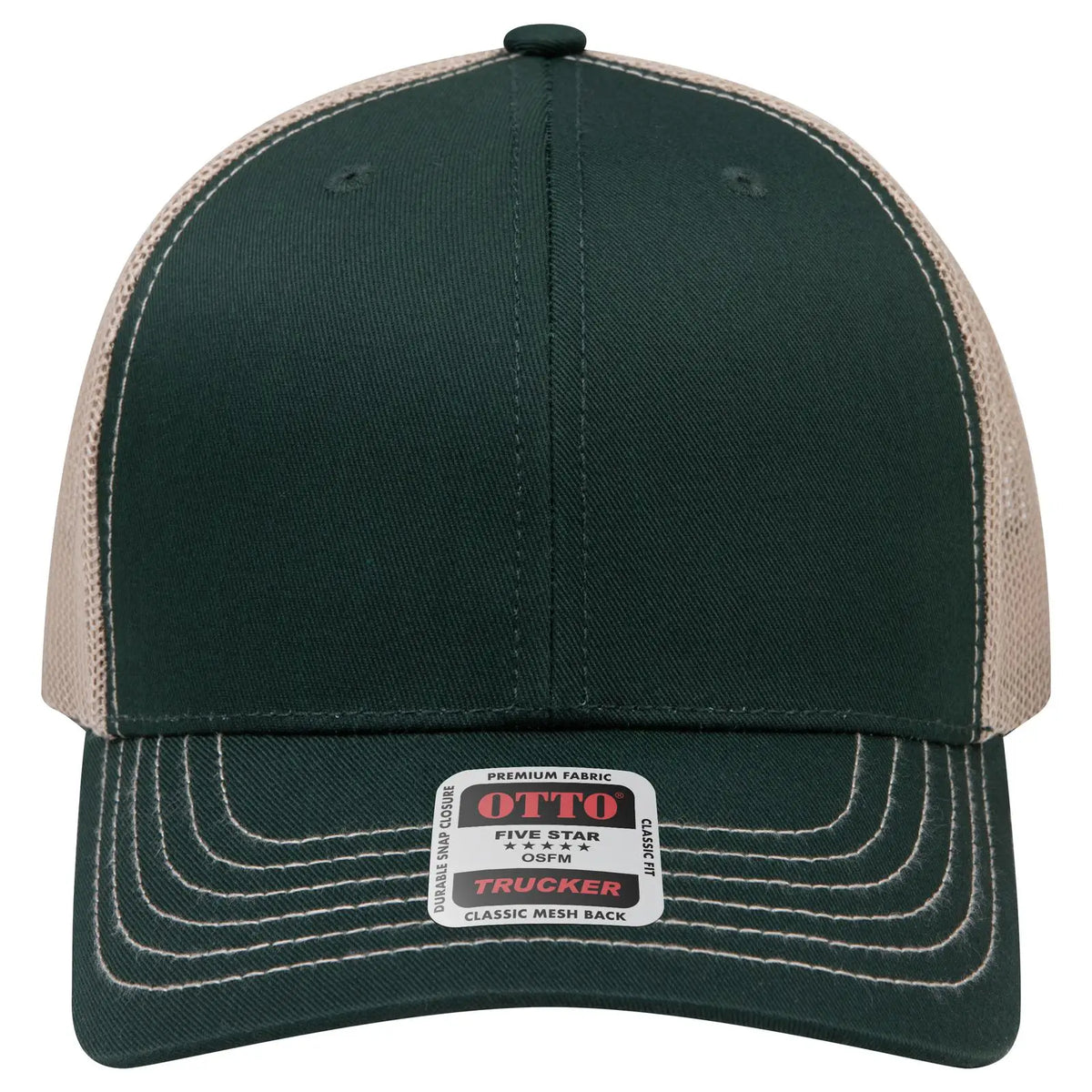 Otto 112-1 6 Panel Mid Profile Mesh Back Trucker Cap - Dk.grn/dk.grn/kha - 7 3/8’’ - 5/8’’