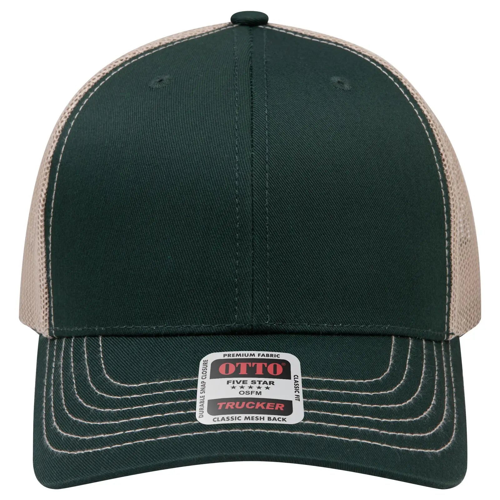 Otto 112-1 6 Panel Mid Profile Mesh Back Trucker Cap - Dk.grn/dk.grn/kha - 7 3/8’’ - 5/8’’
