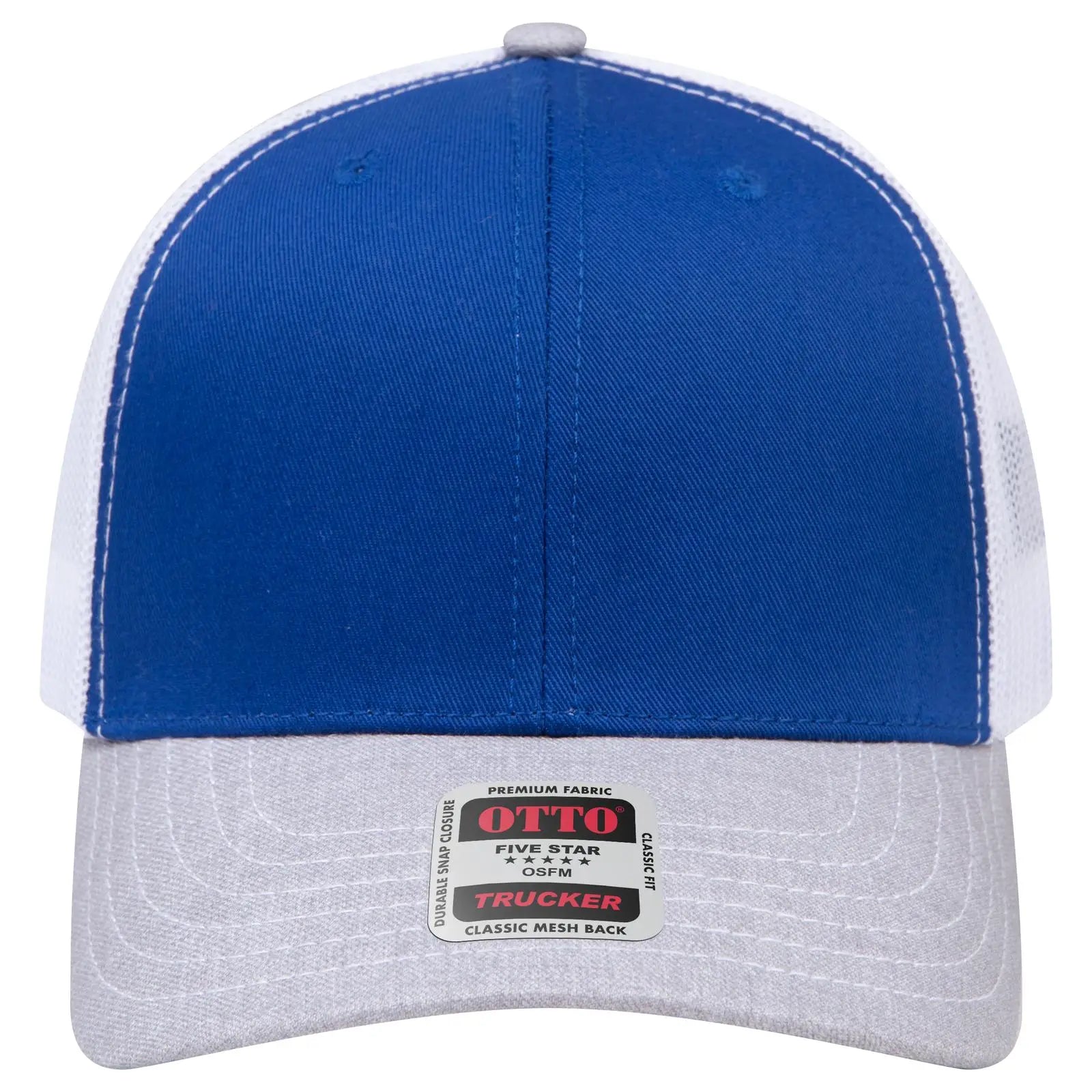 Otto 112-1 6 Panel Mid Profile Mesh Back Trucker Cap - Heathergray/royal/white - 7 3/8’’ - 5/8’’