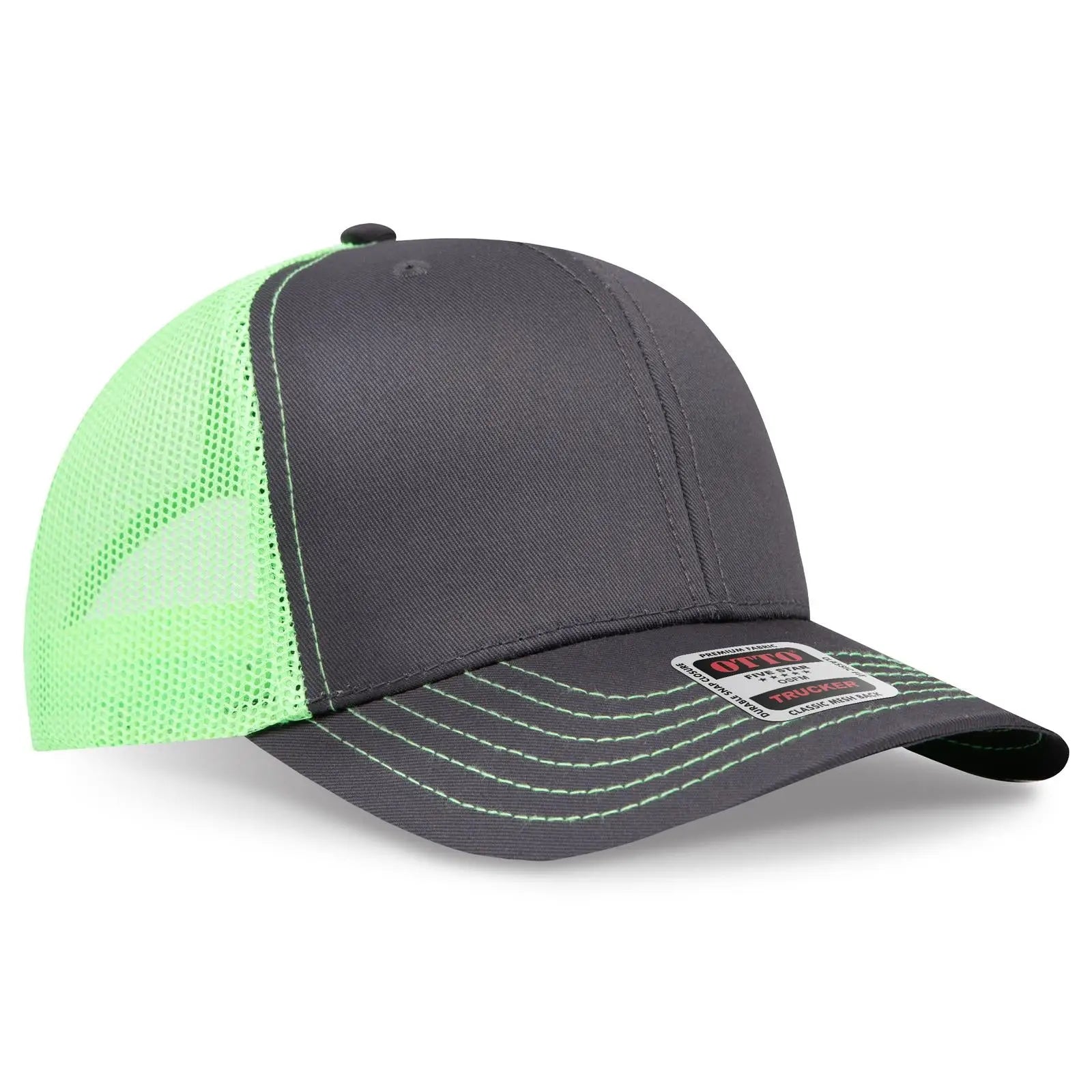 Otto 112-1 6 Panel Mid Profile Mesh Back Trucker Cap - Ch.gry/ch.gry/n.grn - 7 3/8’’ - 5/8’’