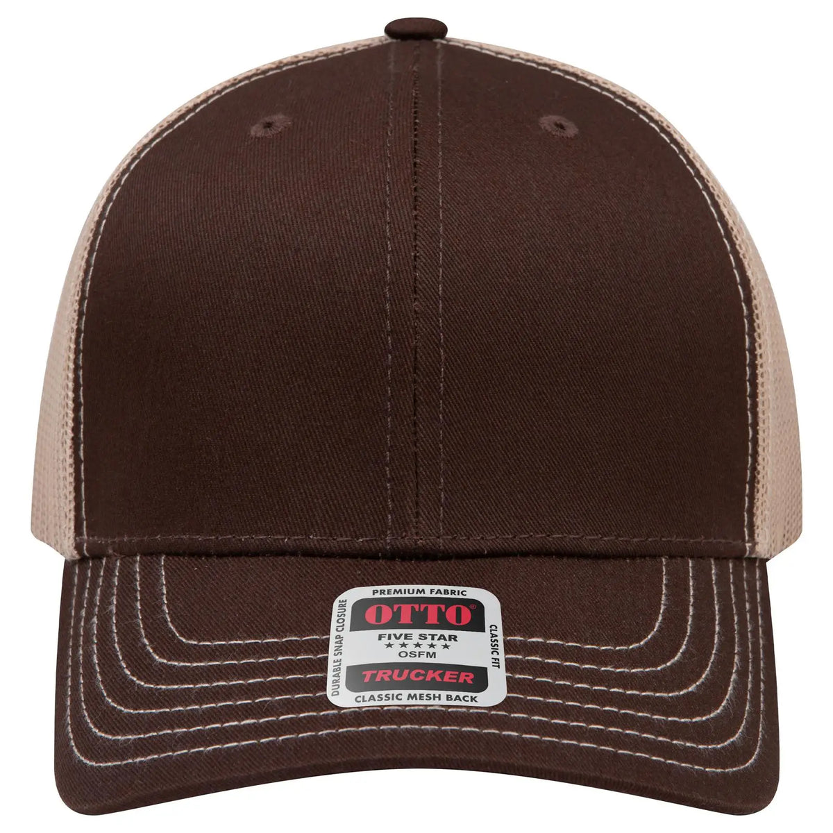 Otto 112-1 6 Panel Mid Profile Mesh Back Trucker Cap - Dk.brn/dk.brn/kha - 7 3/8’’ - 5/8’’