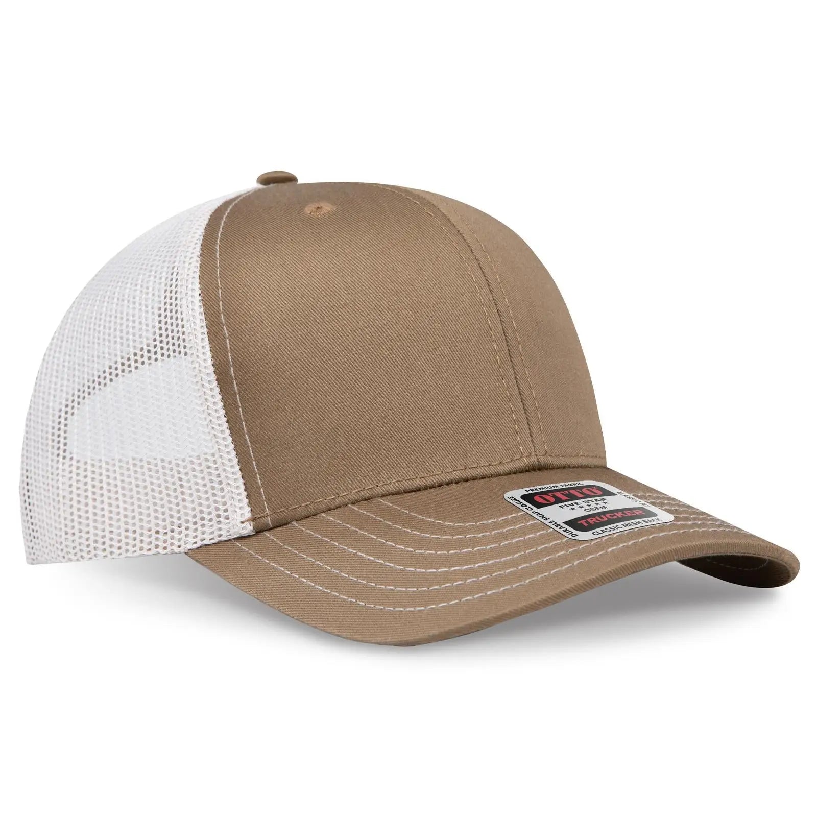 Otto 112-1 6 Panel Mid Profile Mesh Back Trucker Cap - Coy.brn/coy.brn/lt.khk - 7 3/8’’ - 5/8’’