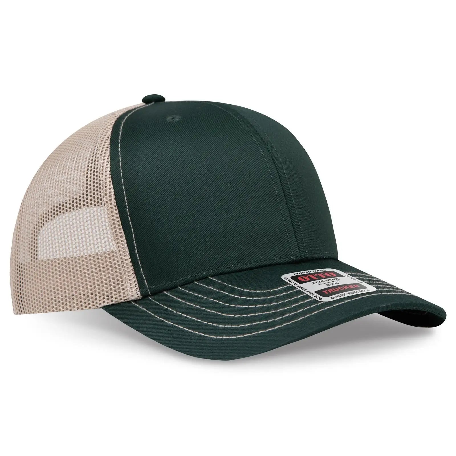 Otto 112-1 6 Panel Mid Profile Mesh Back Trucker Cap - Dk.grn/dk.grn/kha - 7 3/8’’ - 5/8’’