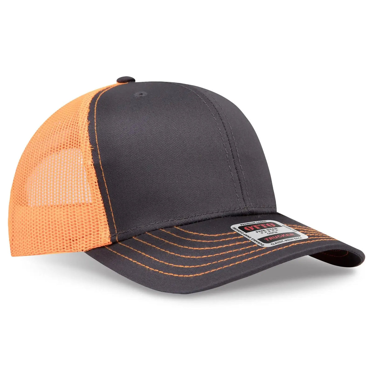 Otto 112-1 6 Panel Mid Profile Mesh Back Trucker Cap - Ch.gry/ch.gry/n.org - 7 3/8’’ - 5/8’’