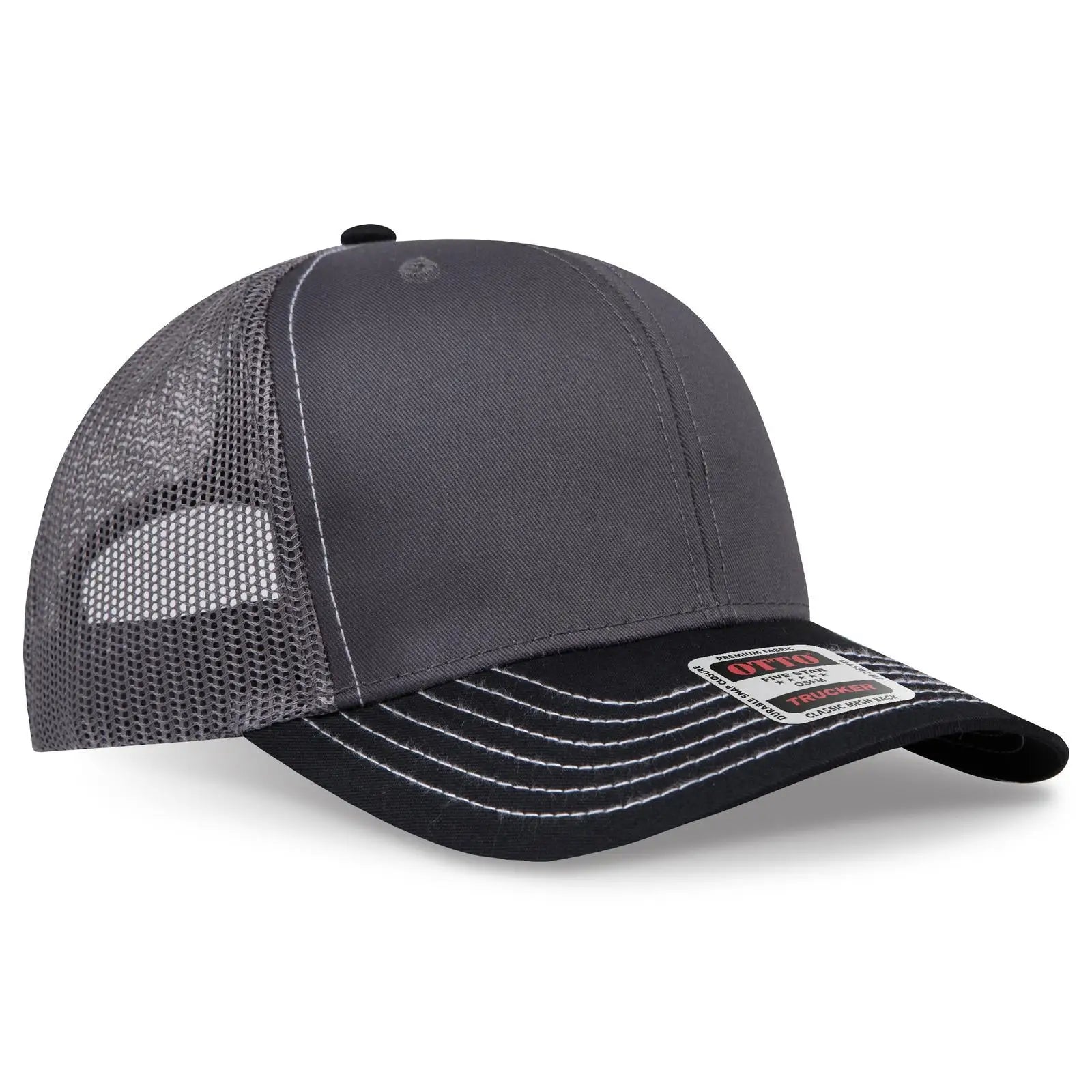 Otto 112-1 6 Panel Mid Profile Mesh Back Trucker Cap - Blk/ch.gry/ch.gry - 7 3/8’’ - 5/8’’