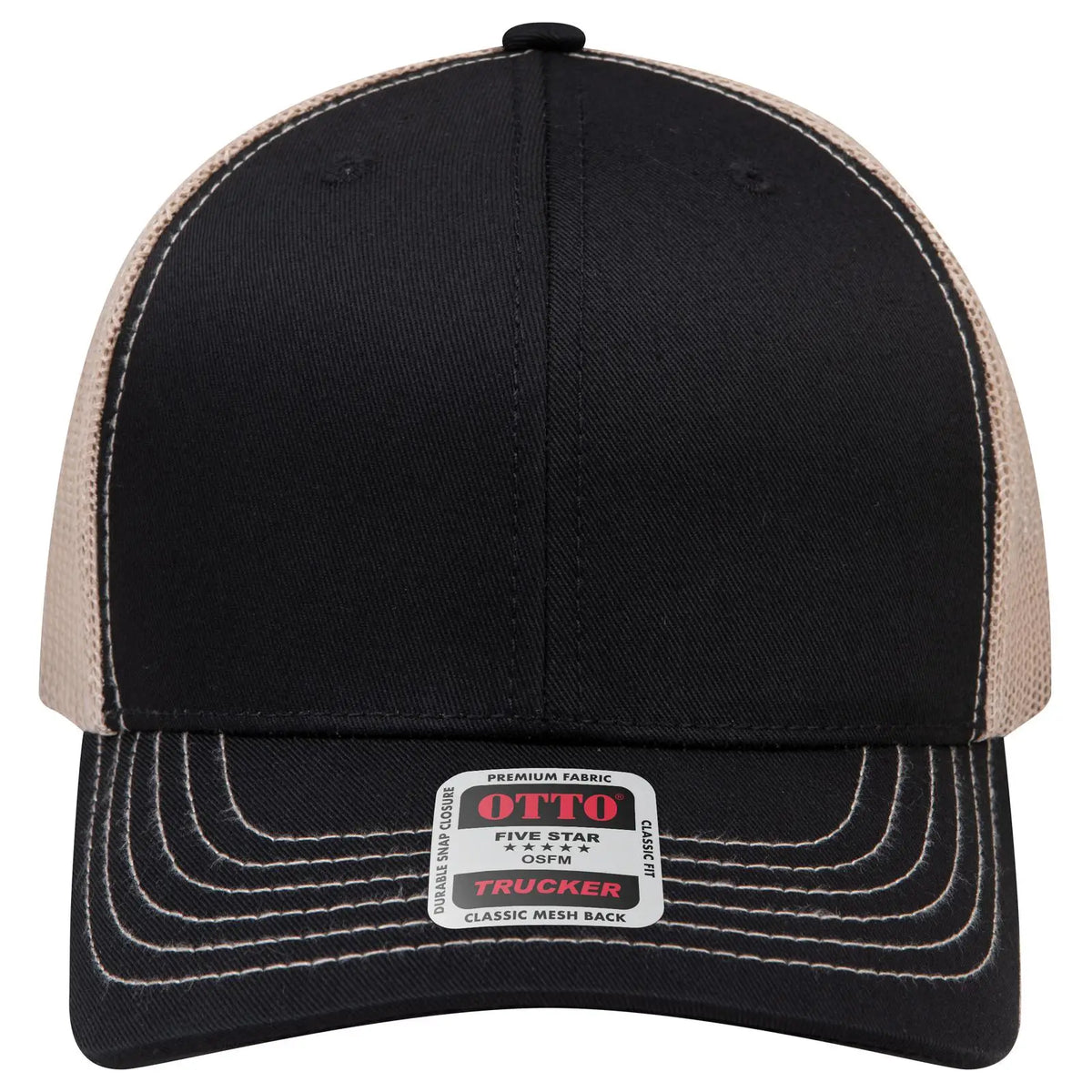Otto 112-1 6 Panel Mid Profile Mesh Back Trucker Cap - Blk/blk/kha