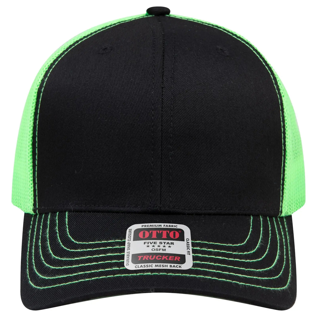Otto 112-1 6 Panel Mid Profile Mesh Back Trucker Cap - Blk/blk/n.grn - 7 3/8’’ - 5/8’’