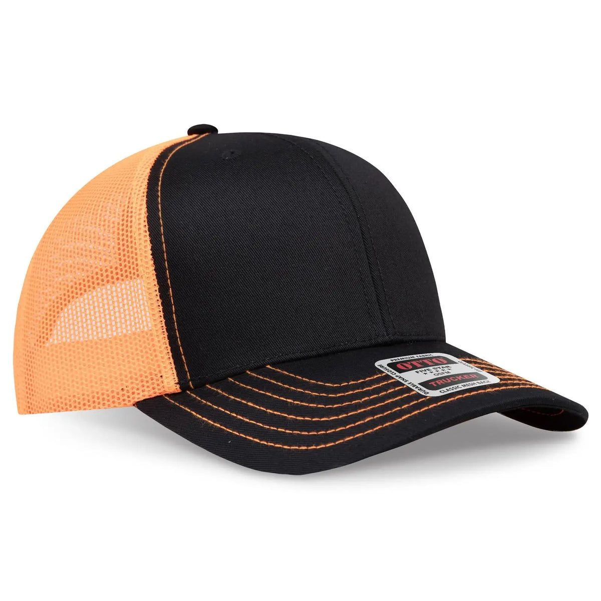 Otto 112-1 6 Panel Mid Profile Mesh Back Trucker Cap - Blk/blk/n Org - 7 3/8’’ - 5/8’’