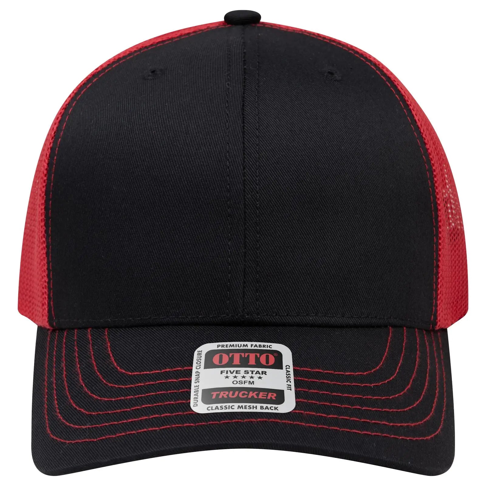 Otto 112-1 6 Panel Mid Profile Mesh Back Trucker Cap - Blk/blk/red - 7 3/8’’ - 5/8’’