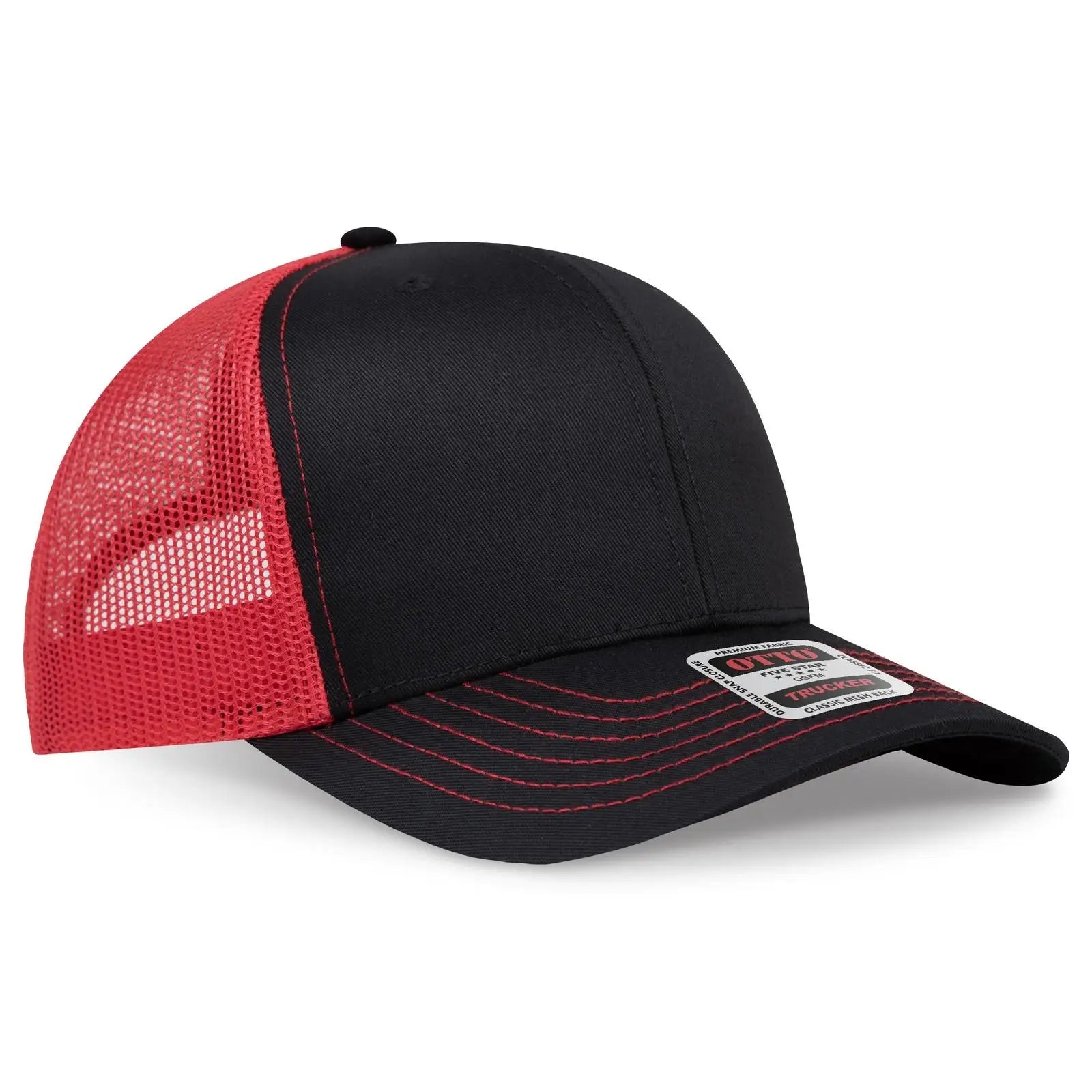 Otto 112-1 6 Panel Mid Profile Mesh Back Trucker Cap - Blk/blk/red - 7 3/8’’ - 5/8’’