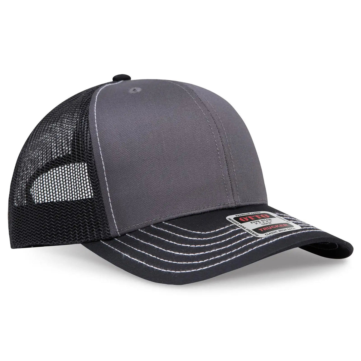 Otto 112-1 6 Panel Mid Profile Mesh Back Trucker Cap - Blk/ch.gry/blk - 7 3/8’’ - 5/8’’