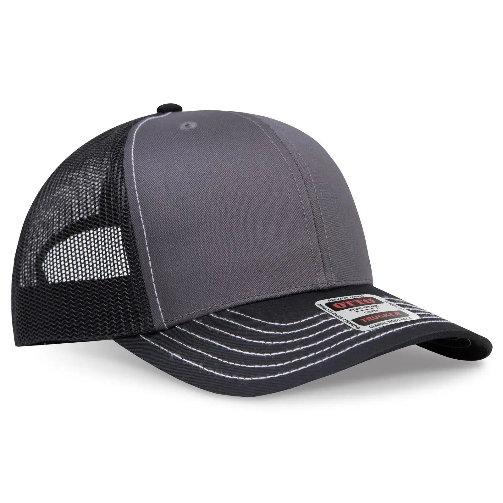 Otto 112-1 6 Panel Mid Profile Mesh Back Trucker Cap - Blk/ch.gry/blk - 7 3/8’’ - 5/8’’