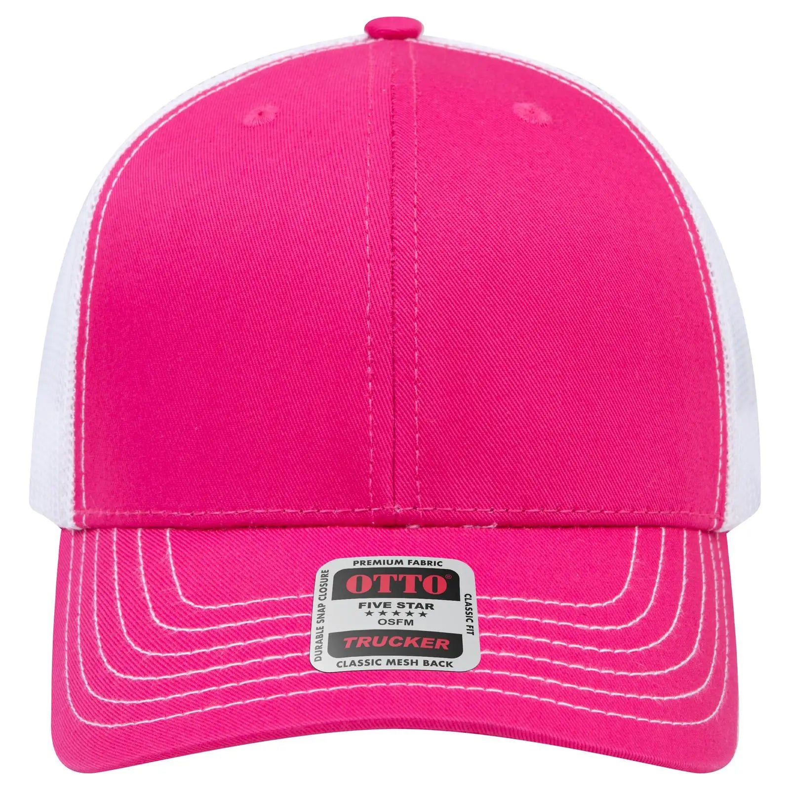 Otto 112-1 6 Panel Mid Profile Mesh Back Trucker Cap - H.pnk/h.pnk/wht - 7 3/8’’ - 5/8’’