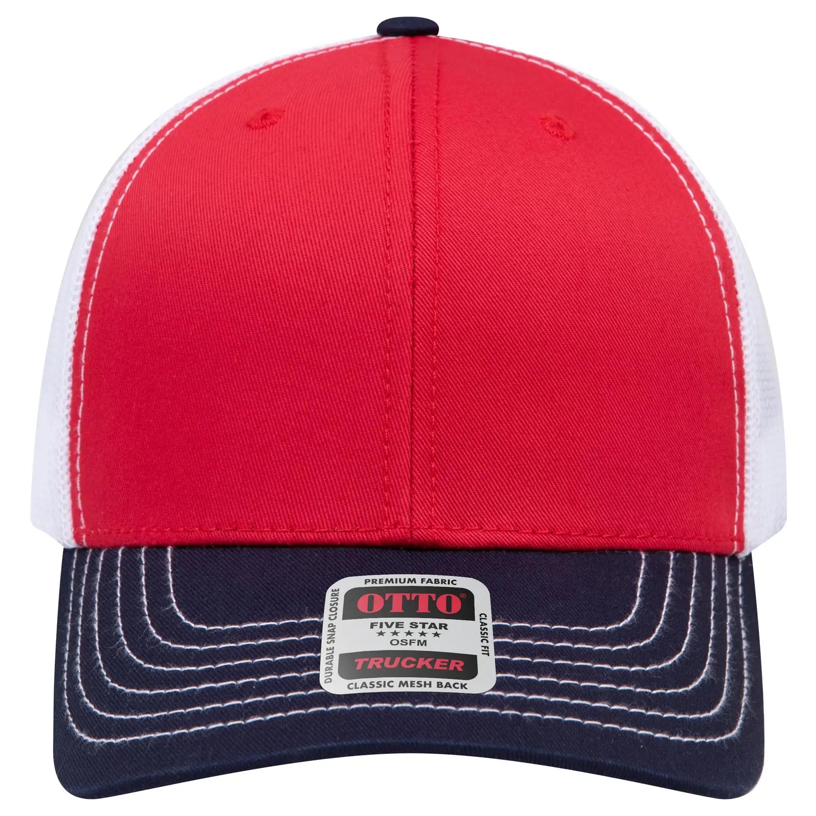 Otto 112-1 6 Panel Mid Profile Mesh Back Trucker Cap - Nvy/red/wht