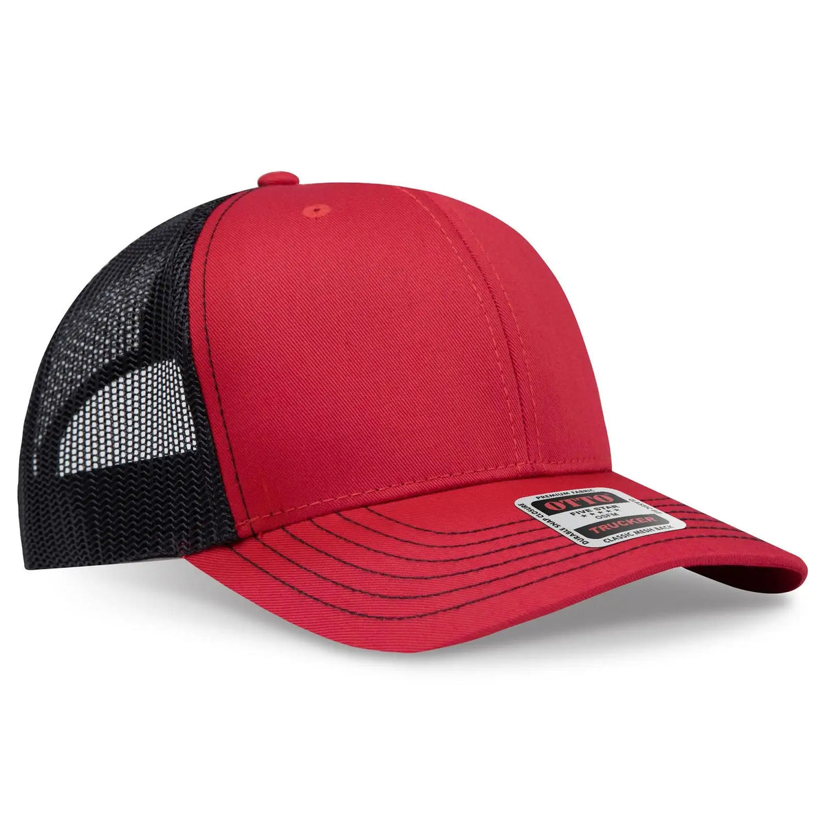Otto 112-1 6 Panel Mid Profile Mesh Back Trucker Cap - Red/red/blk - 7 3/8’’ - 5/8’’