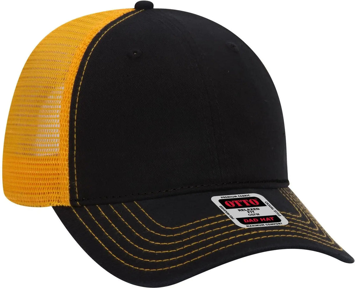 Otto 121-858 6 Panel Low Profile Mesh Back Trucker Dad Cap - Blk/blk/gld - 1/2’’ - 7 5/8’’