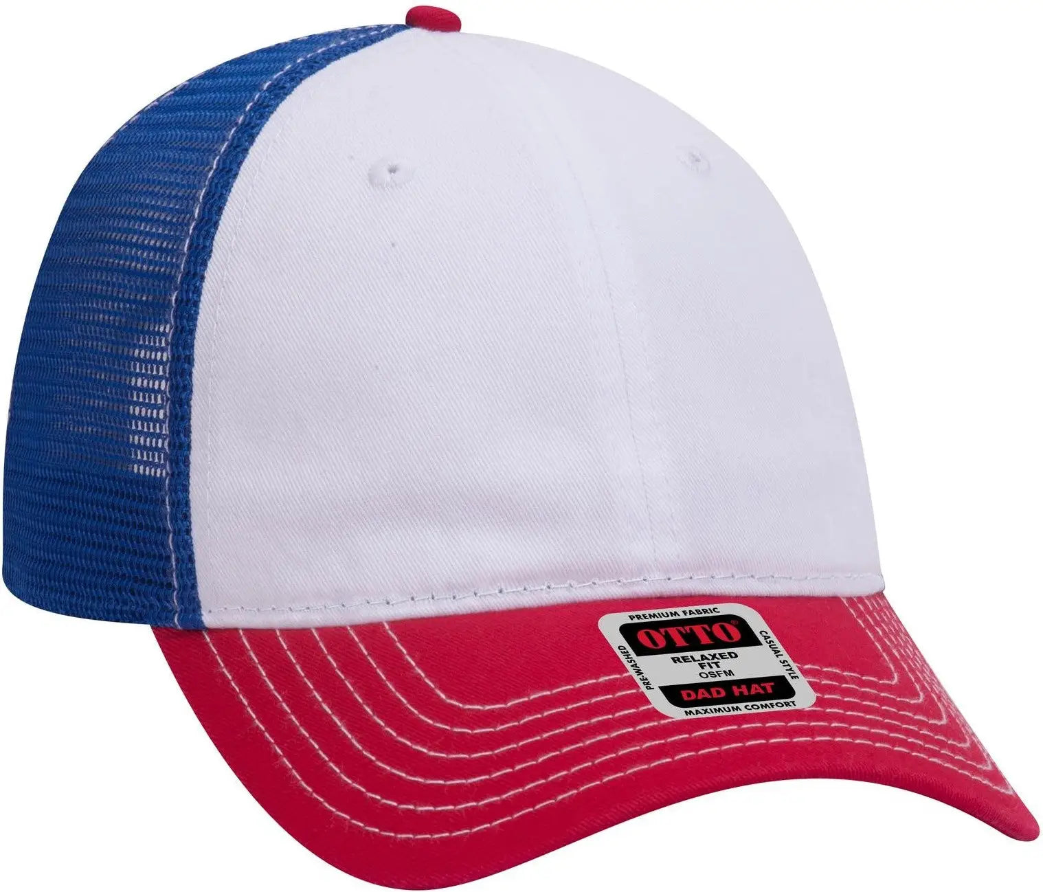 Otto 121-858 6 Panel Low Profile Mesh Back Trucker Dad Cap - Red/wht/ryl - 1/2’’ - 7 5/8’’