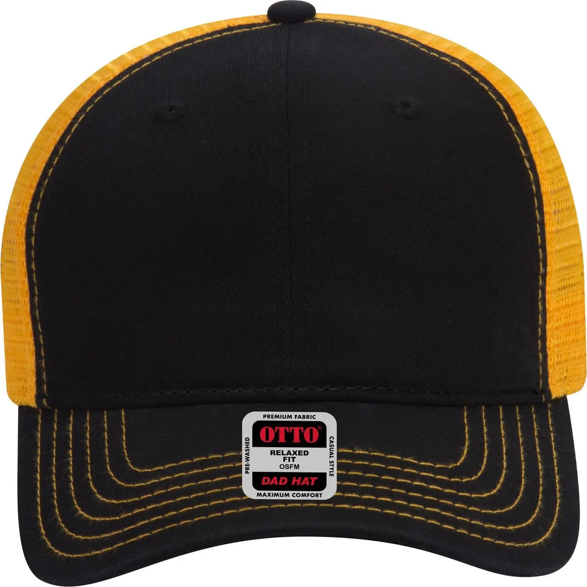 Otto 121-858 6 Panel Low Profile Mesh Back Trucker Dad Cap - Blk/blk/gld - 1/2’’ - 7 5/8’’
