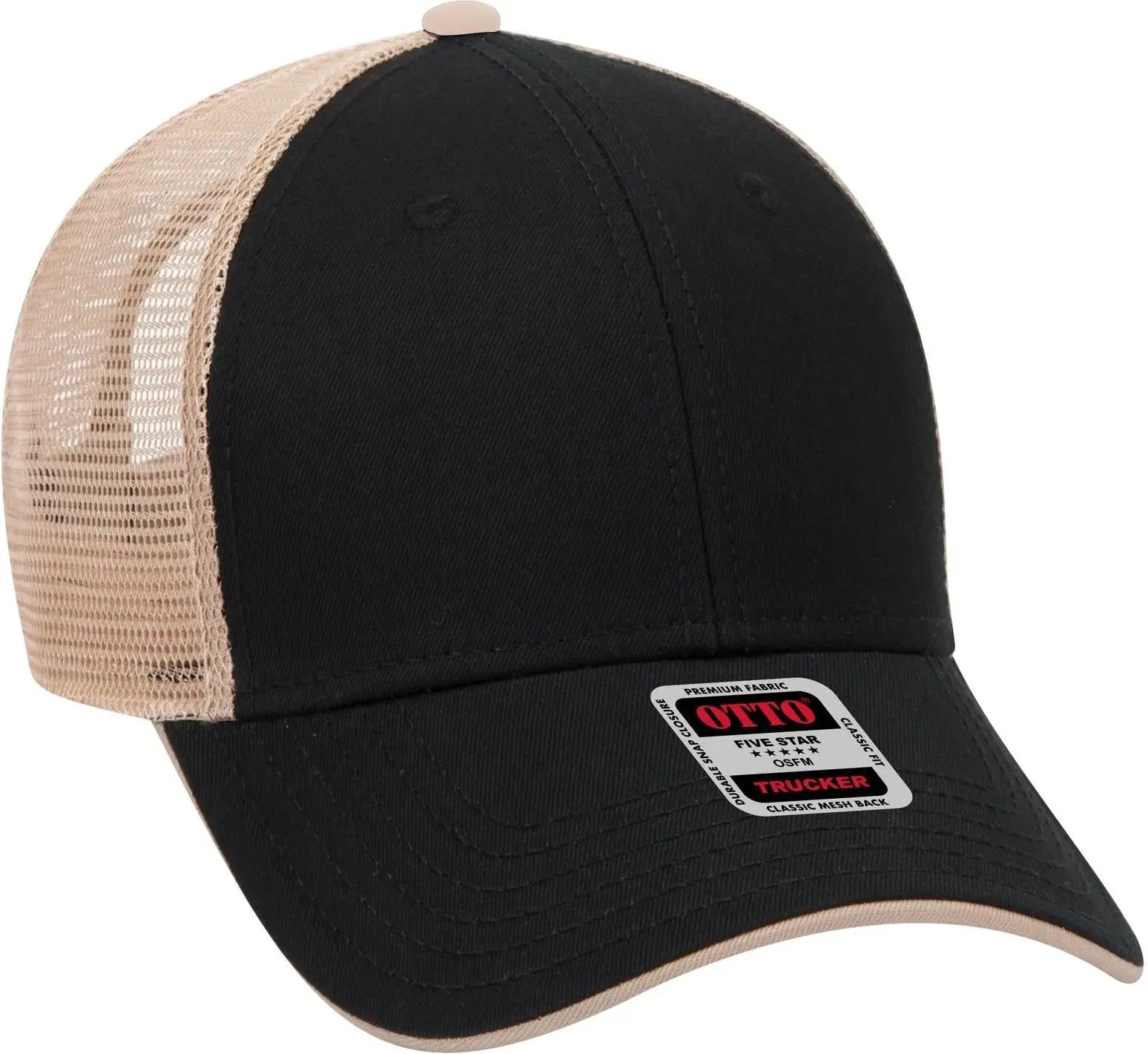 Otto 122-945 6 Panel Low Profile Mesh Back Trucker Cap - Blk/blk/kha - 1/2’’ - 7 5/8’’