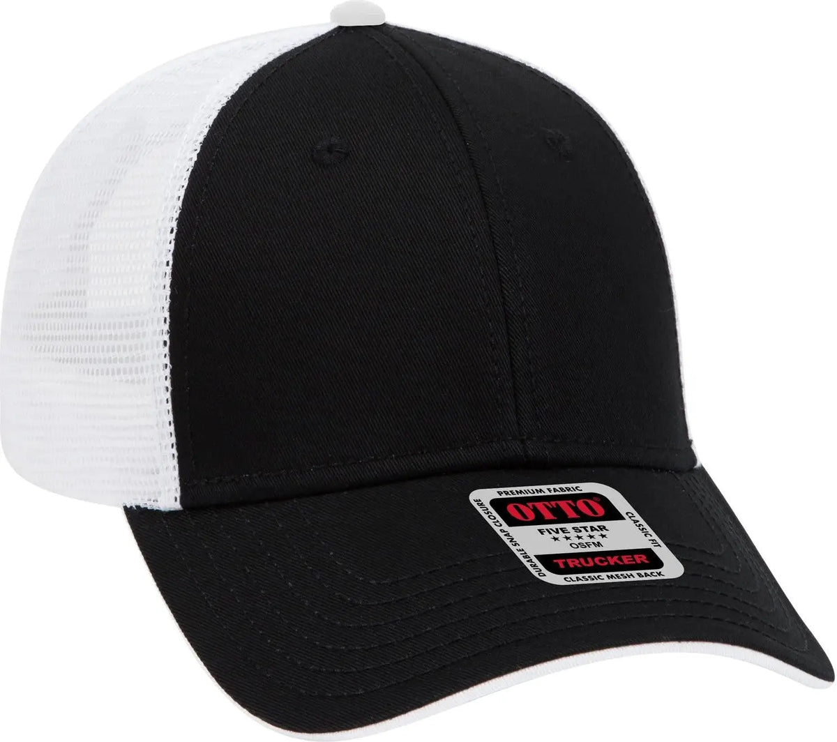 Otto 122-945 6 Panel Low Profile Mesh Back Trucker Cap - Blk/blk/wht - 1/2’’ - 7 5/8’’