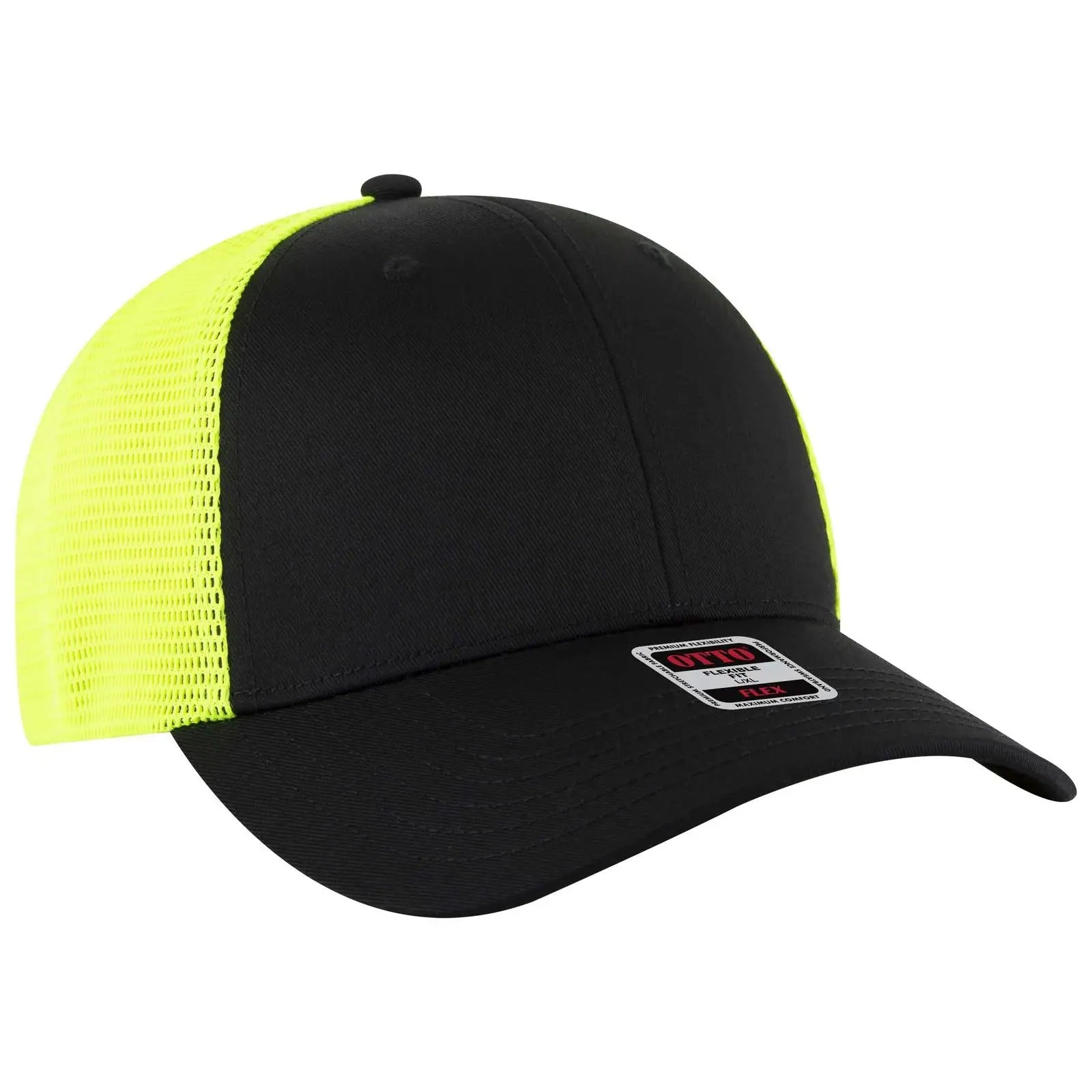 Otto 135-2 ?Otto Flex’ Fitted 6 Panel Low Profile Mesh Back Trucker Cap - Blk/blk/n.ylw