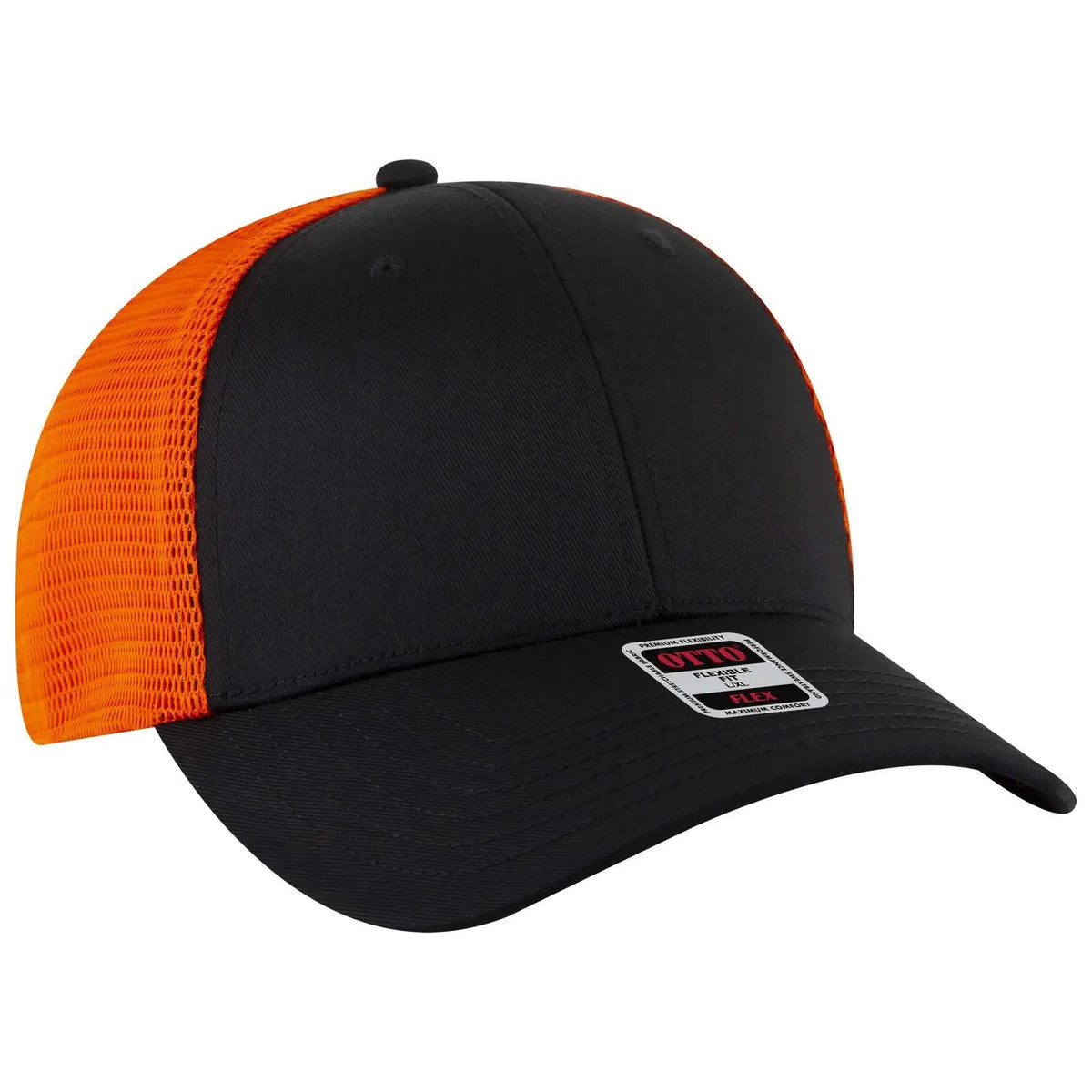 Otto 135-2 ?Otto Flex’ Fitted 6 Panel Low Profile Mesh Back Trucker Cap - Blk/blk/org
