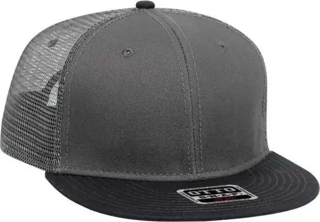 Otto 141 1070 Superior Cotton Twill Round Flat Visor 6 Panel Pro Style Mesh Back Trucker Snapback Hat Black Charcoal