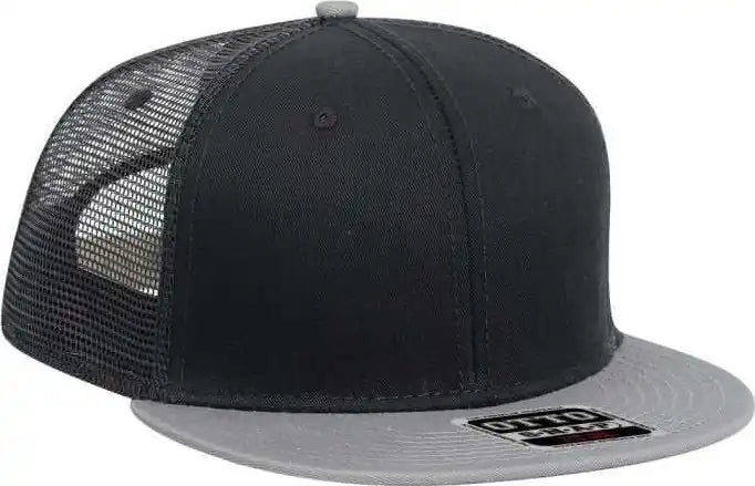 Otto 141-1070 Superior Cotton Twill Round Flat Visor 6 Panel Pro Style Mesh Back Trucker Snapback Hat - Gray Black