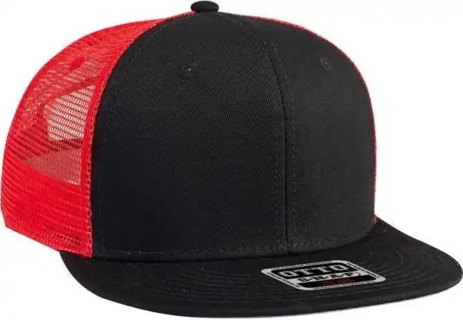 Otto 141-1070 Superior Cotton Twill Round Flat Visor 6 Panel Pro Style Mesh Back Trucker Snapback Hat - Black Red