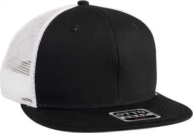 Otto 141 1070 Superior Cotton Twill Round Flat Visor 6 Panel Pro Style Mesh Back Trucker Snapback Hat Black White