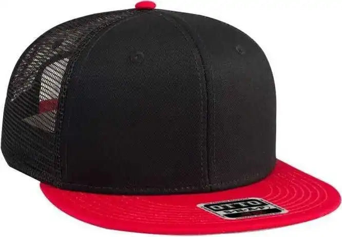 Otto 141-1070 Superior Cotton Twill Round Flat Visor 6 Panel Pro Style Mesh Back Trucker Snapback Hat - Red Black