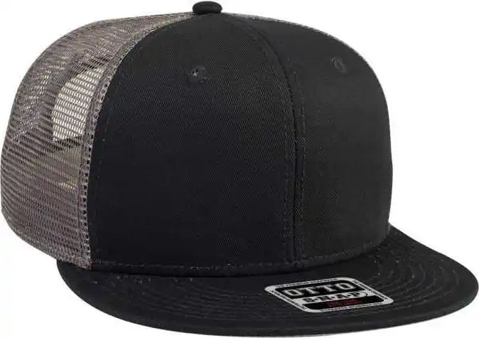 Otto 141-1070 Superior Cotton Twill Round Flat Visor 6 Panel Pro Style Mesh Back Trucker Snapback Hat - Black Charcoal