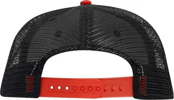 Otto 141-1070 Superior Cotton Twill Round Flat Visor 6 Panel Pro Style Mesh Back Trucker Snapback Hat - Red Black