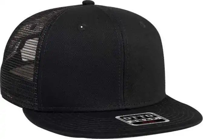 Otto 141-1070 Superior Cotton Twill Round Flat Visor 6 Panel Pro Style Mesh Back Trucker Snapback Hat - Black