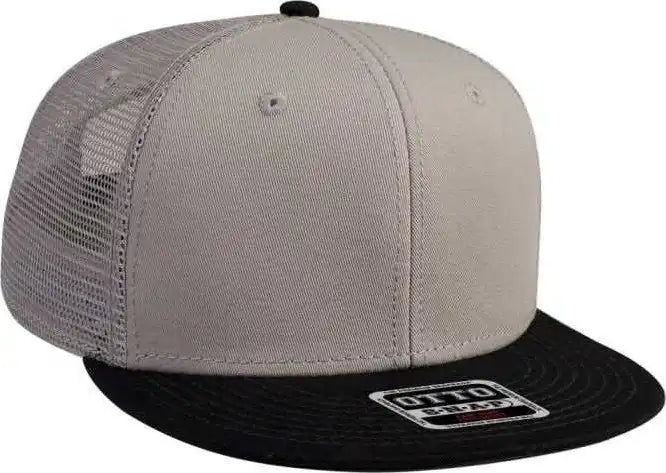 Otto 141-1070 Superior Cotton Twill Round Flat Visor 6 Panel Pro Style Mesh Back Trucker Snapback Hat - Black Gray