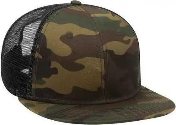 Otto 153 1120 Snap Camouflage 6 Panel Mid Profile Mesh Back Trucker Snapback Cap Dark Green Brown Black Forest