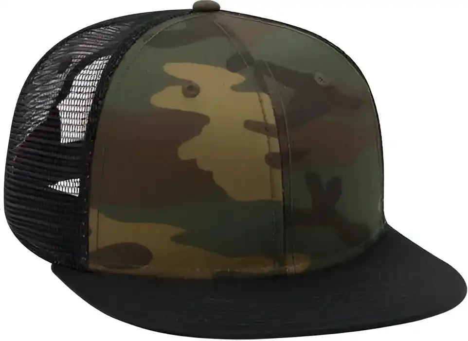 Otto 153-1120 Snap Camouflage 6 Panel Mid Profile Mesh Back Trucker Snapback Cap - Black Dark Green Brown - Forest