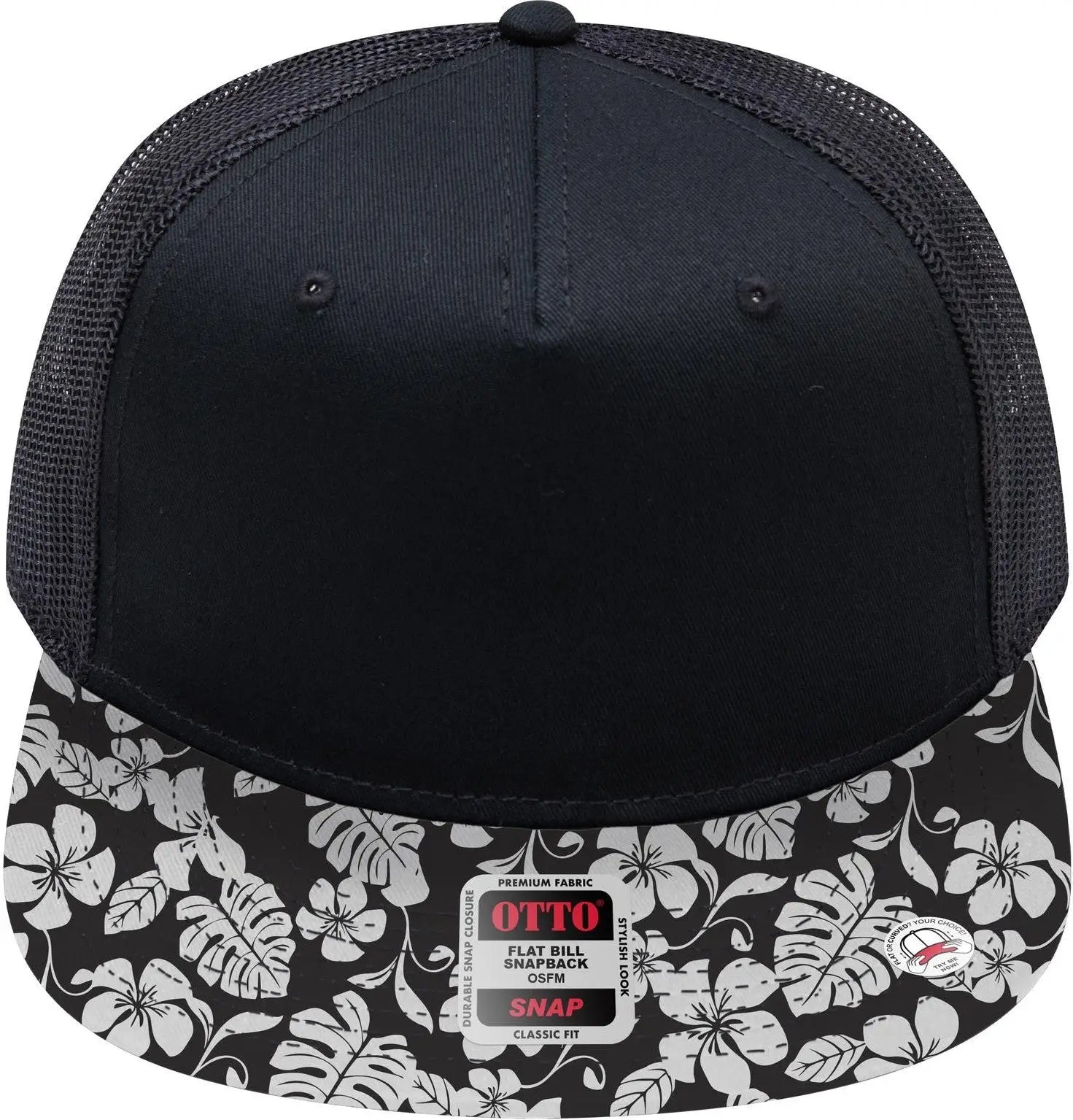 Otto 154-1124 ?Otto Snap’ 5 Panel Pro Style Mesh Back Trucker Snapback Cap - Design002/blk/blk - 6 1/2’’ - 7 5/8’’