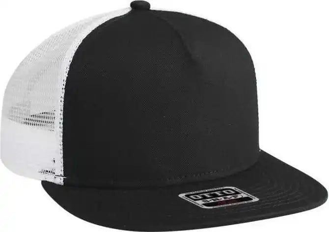 Otto 154-1124 Superior Cotton Twill Round Flat Visor 5 Panel Pro Style Mesh Back Trucker Snapback Hat - Black White