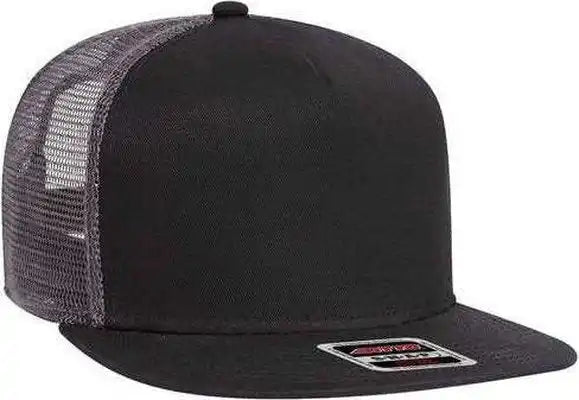 Otto 154 1124 Superior Cotton Twill Round Flat Visor 5 Panel Pro Style Mesh Back Trucker Snapback Hat Black Charcoal