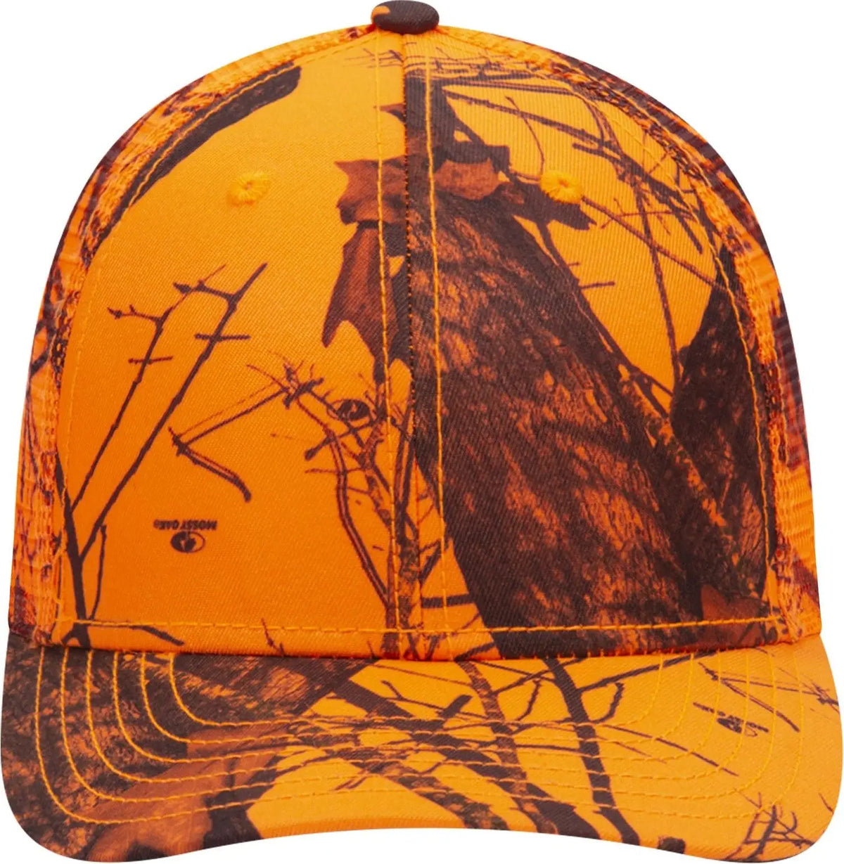 Otto 171-1292 Mossy Oak Camouflage Superior Polyester Twill 6 Panel Low Profile Mesh Back Trucker Cap - Blaze - 1/2’’
